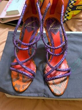 Brian Atwood Purple & Orange Snakeskin Strappy Heels